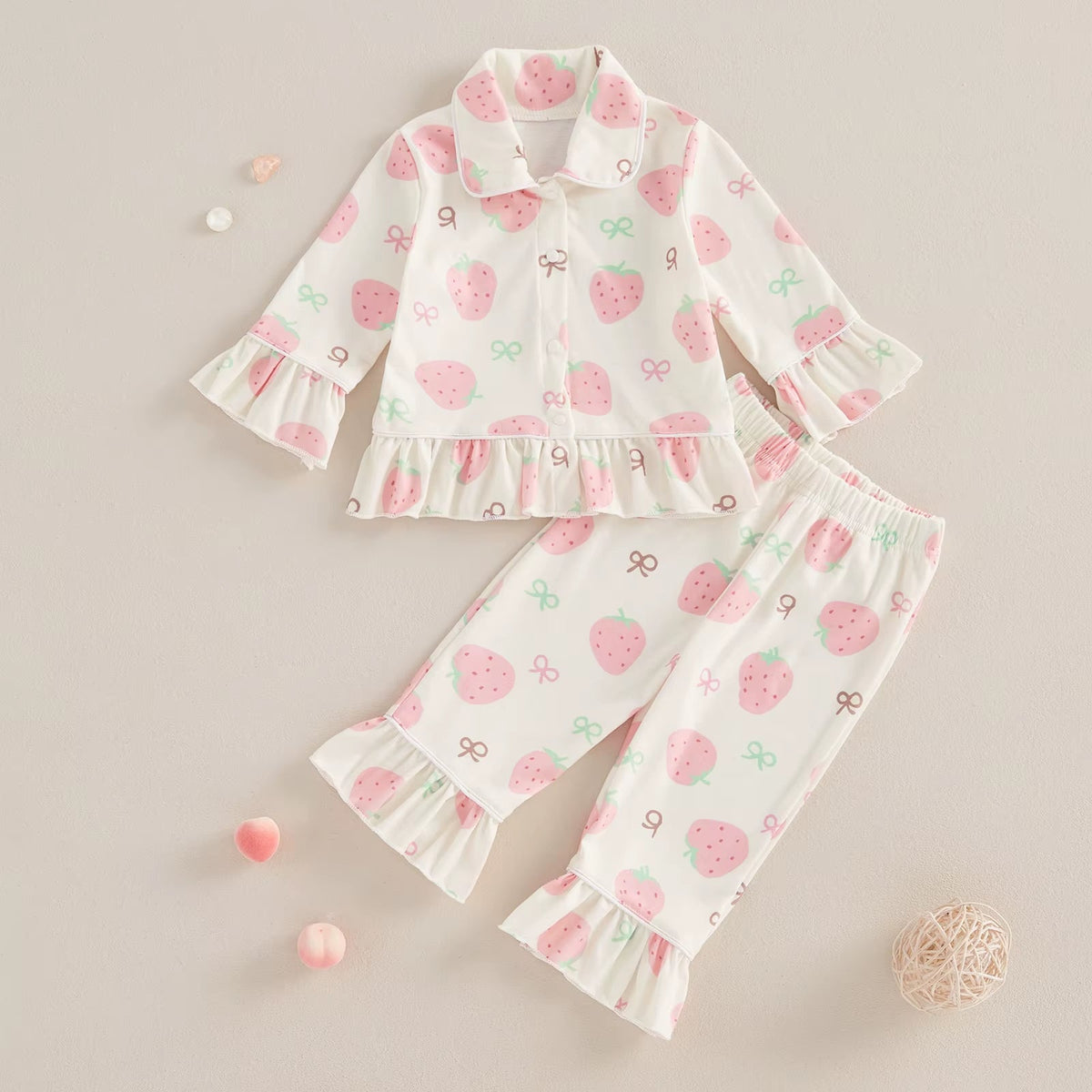 New Spring Girls Pyjamas 2Pcs Kids Pajama Set Sweet Sleepwear Strawberry Long Sleeve Tops Pants Toddler Loungewear