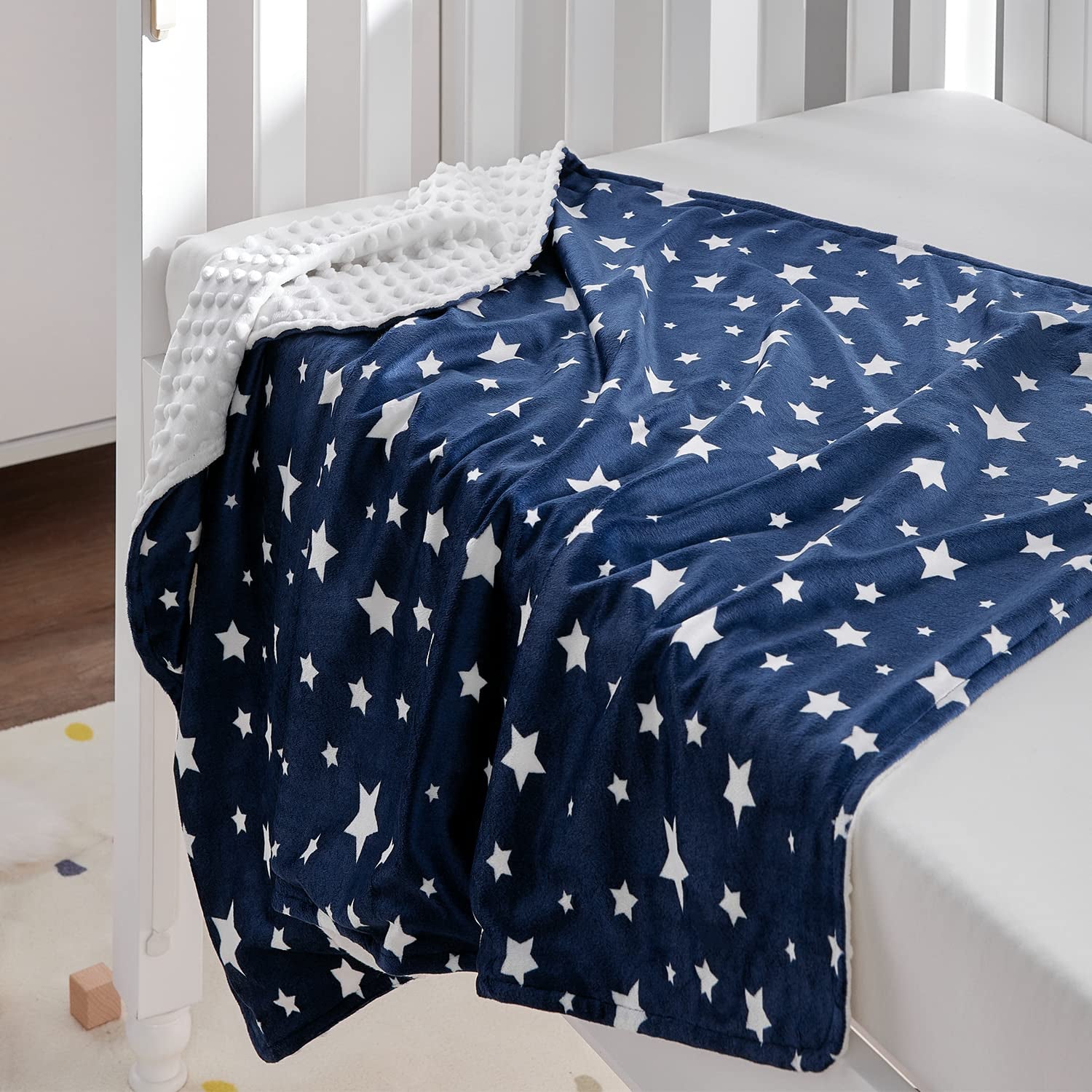 Silky Micro Soft Plush Baby Blankets Unisex with Print Star Pattern and Soothing Raised Dots, Double Layer Bed Throws for Baby Crib, Star, Navy, 30X40 Inches