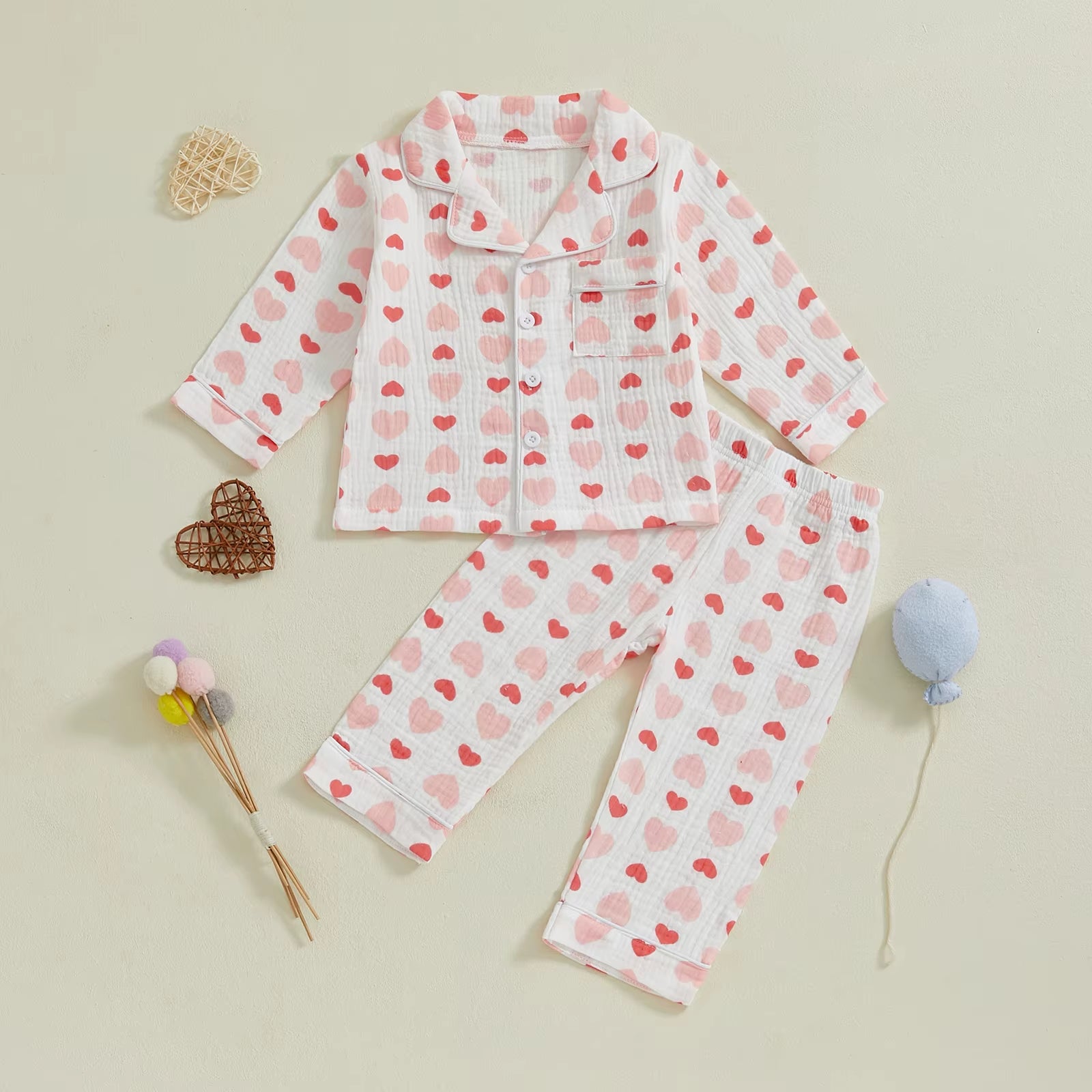 Soft Cotton Kids Girls Pajamas Set Spring Fall Casual Sleepwear Heart Print Long Sleeve Shirt with Pants Nightwears