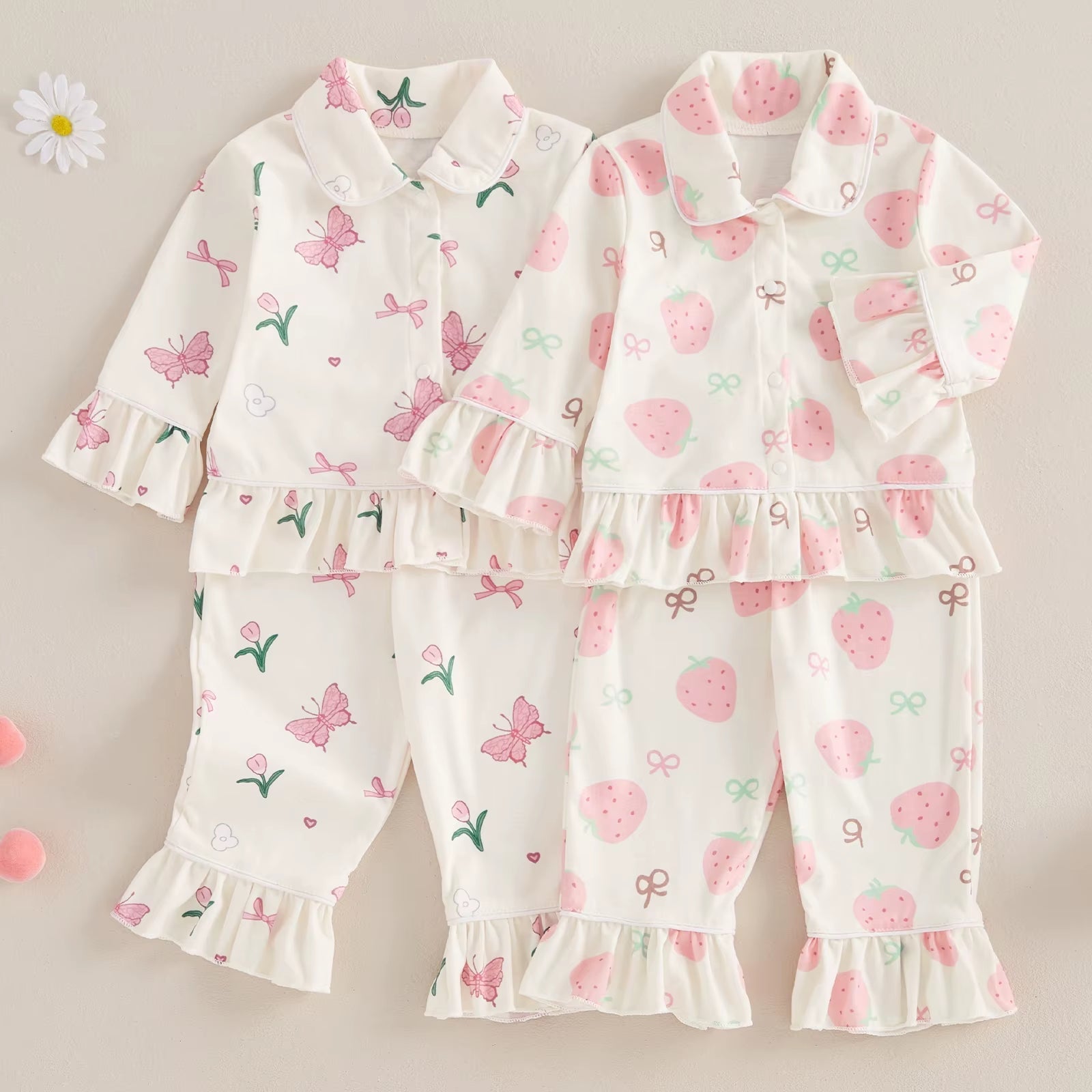 New Spring Girls Pyjamas 2Pcs Kids Pajama Set Sweet Sleepwear Strawberry Long Sleeve Tops Pants Toddler Loungewear