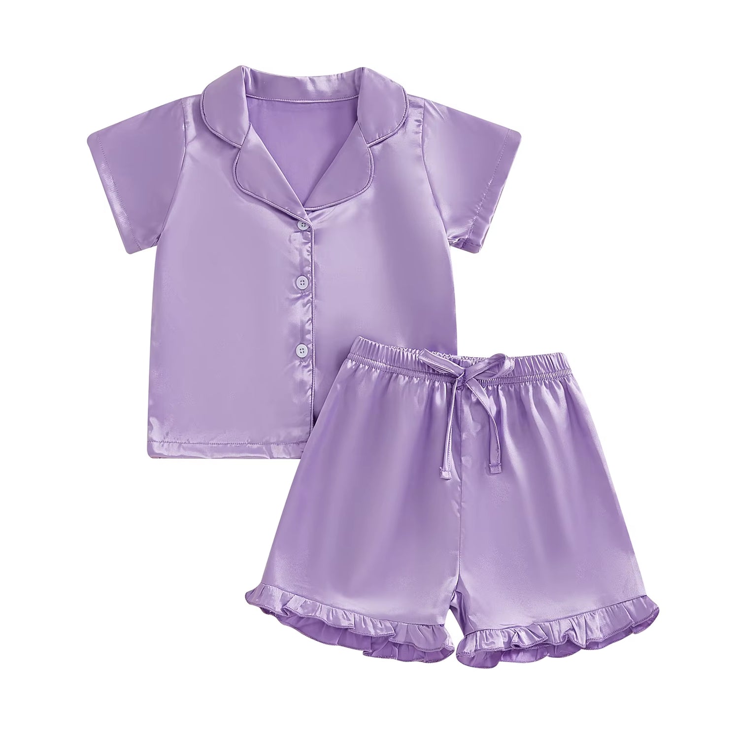 Summer Baby Girls Pajamas Set Satin Silk Solid Color Button Lapel Short Sleeves T-Shirt Ruffled Shorts Kids Sleepwear