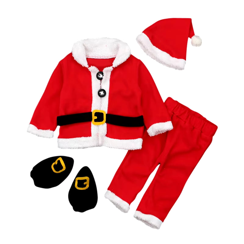 Newborn Baby Santa Claus Costume Christmas Outfit Autumn Winter Tops +Pants +Hat and Shoes 4PCS New Year Boys Girls Clothes Set