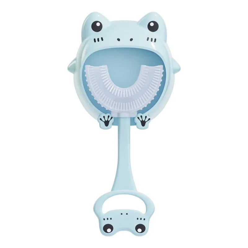 U-Shape Kids Toothbrush Cartoon Frog Print Toothbrush with Holder Children'S Toothbrush Silicone Cleaning Toothbrush 2-12Years