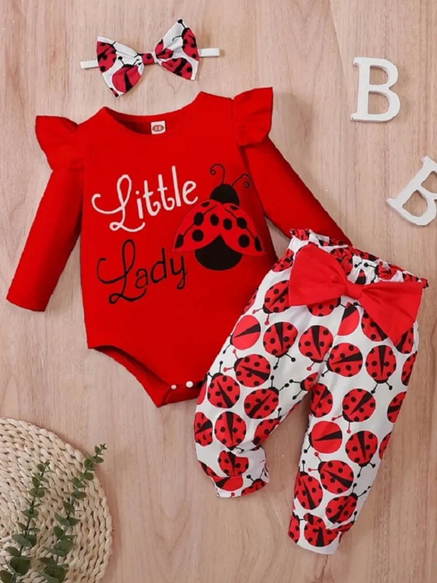 3-28M Baby Girl Fashion Clothes Infant Long Sleeve Cartoon Ladybird Bodysuit +Pant Set+Headband 3PCS