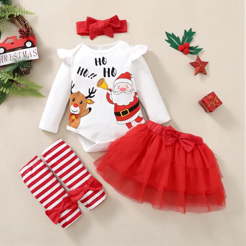 4PCS Newborn Baby Girl Christmas Clothing Set Santa Long Sleeve Bodysuit+Mesh Skirt+Headwear+Stockings 0-18M Baby Festival Wear