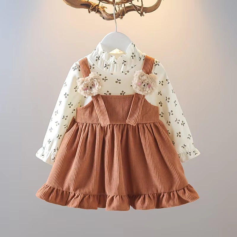 Kid Girl Long Sleeve Dress Floral Lovely Bear Corduroy Strap Style Dress Fashion Cute Photograph Outfit for Child Girl 1-6 Years