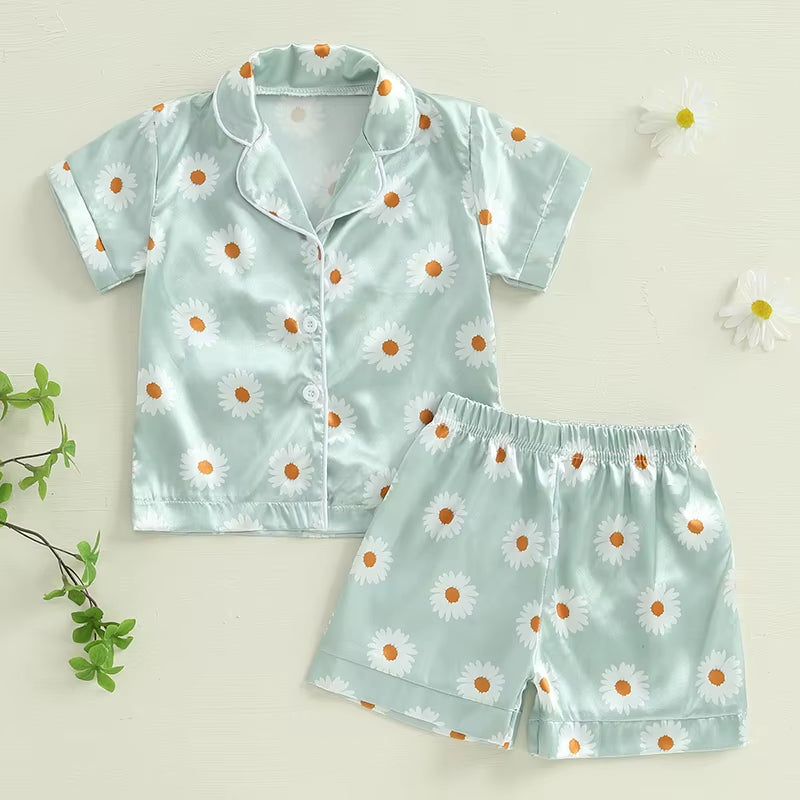 Summer Boy Girl Sleepwear Satin Silk Pajama Set Floral/Animal Print Short Sleeve Lapel Button Tops with Short Suit