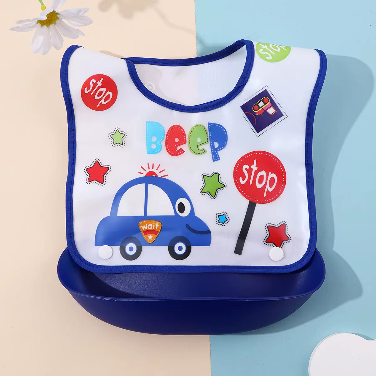 Security Cartoon Print Baby Bibs Boys Girls Bib Waterproof Soft Silicone Kids Burp Cloth Children Bib Feeding Bib with Pocket