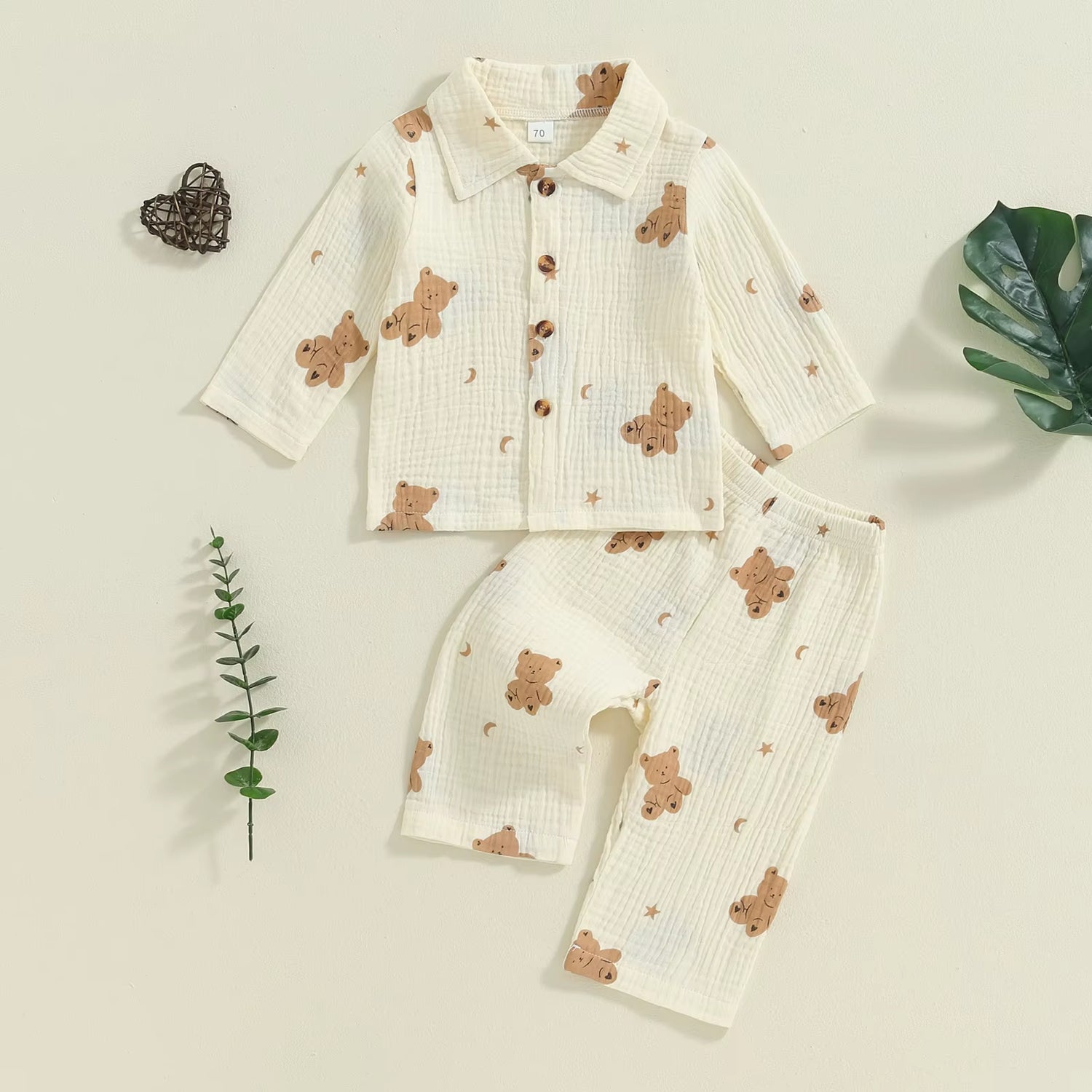 Long Sleeve Toddler Sleepwear for Girl Boy Fall Winter Pajamas Set Bear Print Lapel Button Tops Pants Kids Loungewear