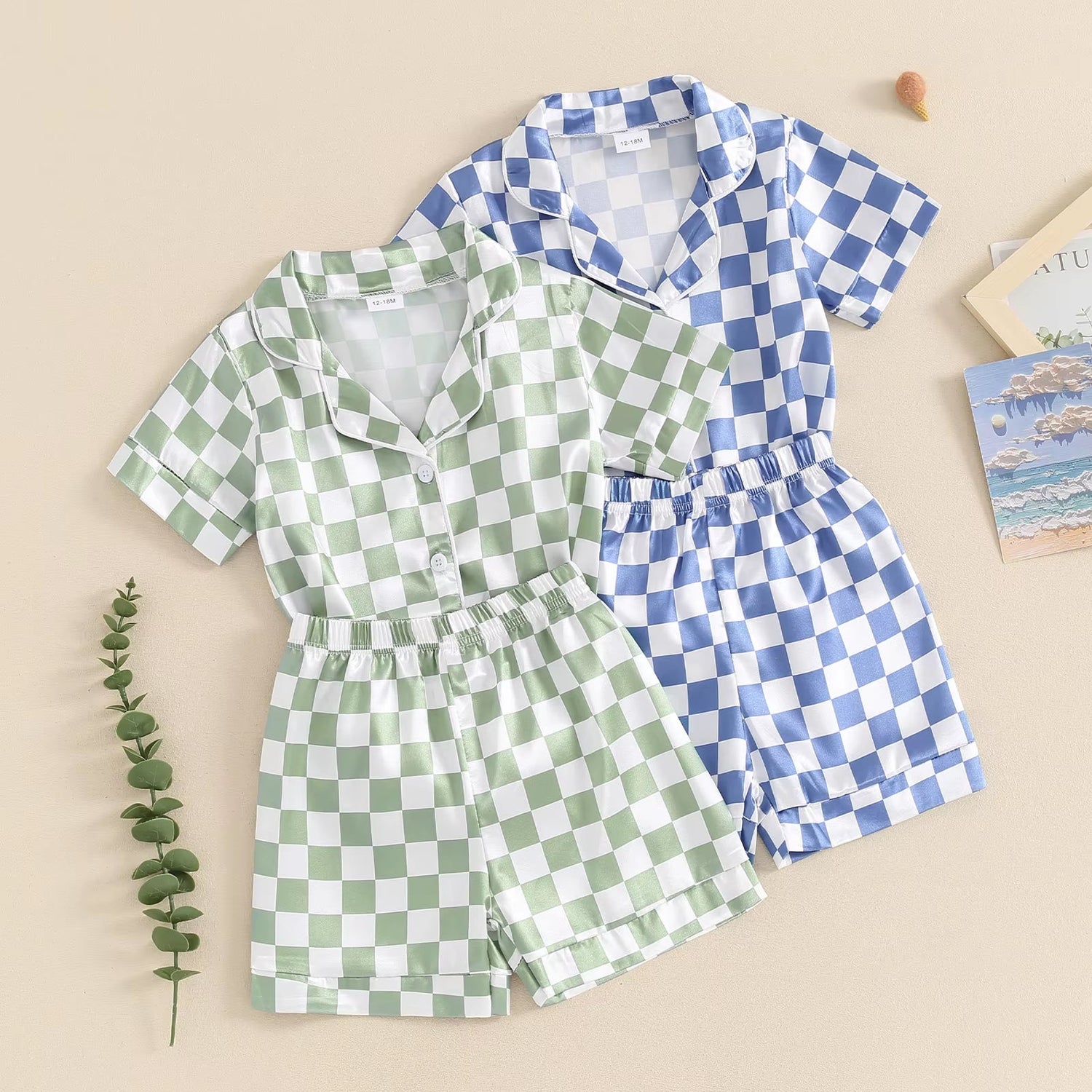 Fashion Children Boy Summer Pajama Sets Loungewear Silk Satin Short Sleeve Lapel Checkerboard Print Shirt Shorts Kid Sleepwear