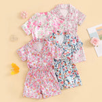 Summer Kids Girls Pajamas Sets Satin Slik Floral Print Short Sleeves Button Shirt Elastic Shorts Sleepwear Loungewear