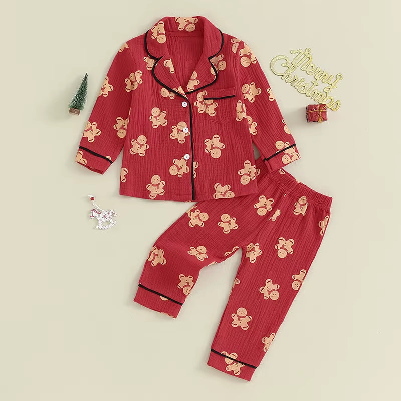 Kids Children Girls Pajamas Set Sleepwear Christmas Cartoon Print Lapel Collar Shirt + Elastic Waist Pants Set Toddler Loungwear