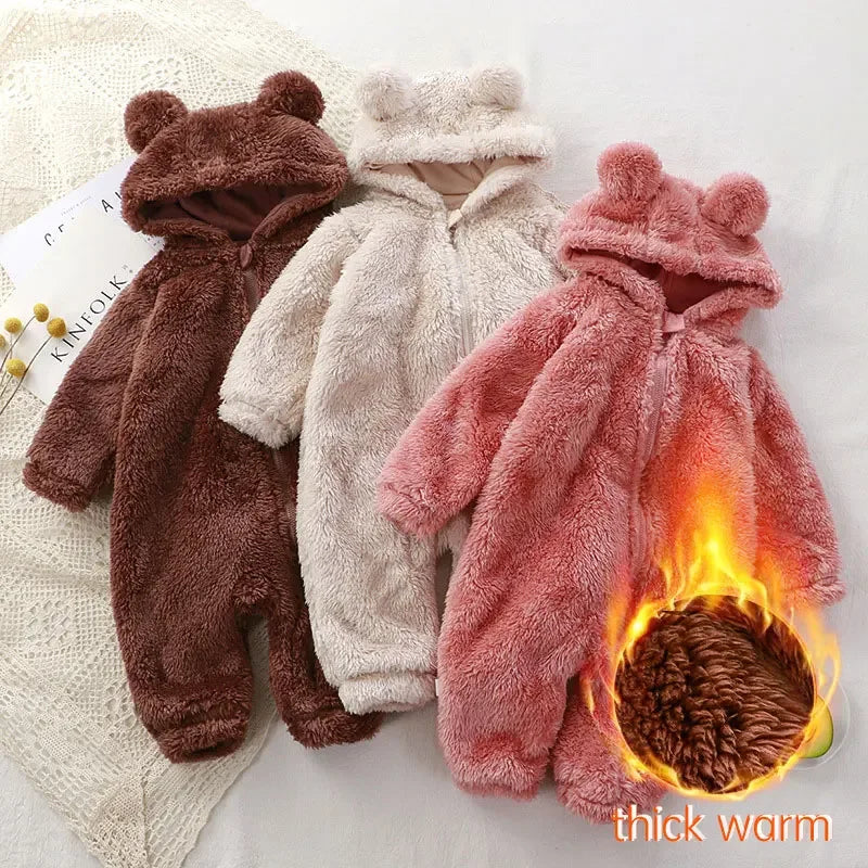 Thick Warm Baby Rompers Cute Winter Infant Jumpsuits Hooded Coral Fleece Bear Shape Newborn Soft Pajamas Overalls Clothing