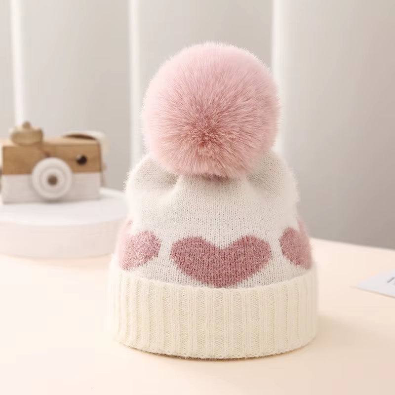 Winter Baby Knitted Hat Soft Pompom Newborn Beanie Cap Cute Love Heart Crochet Warm Infant Girls Hats Bonnet