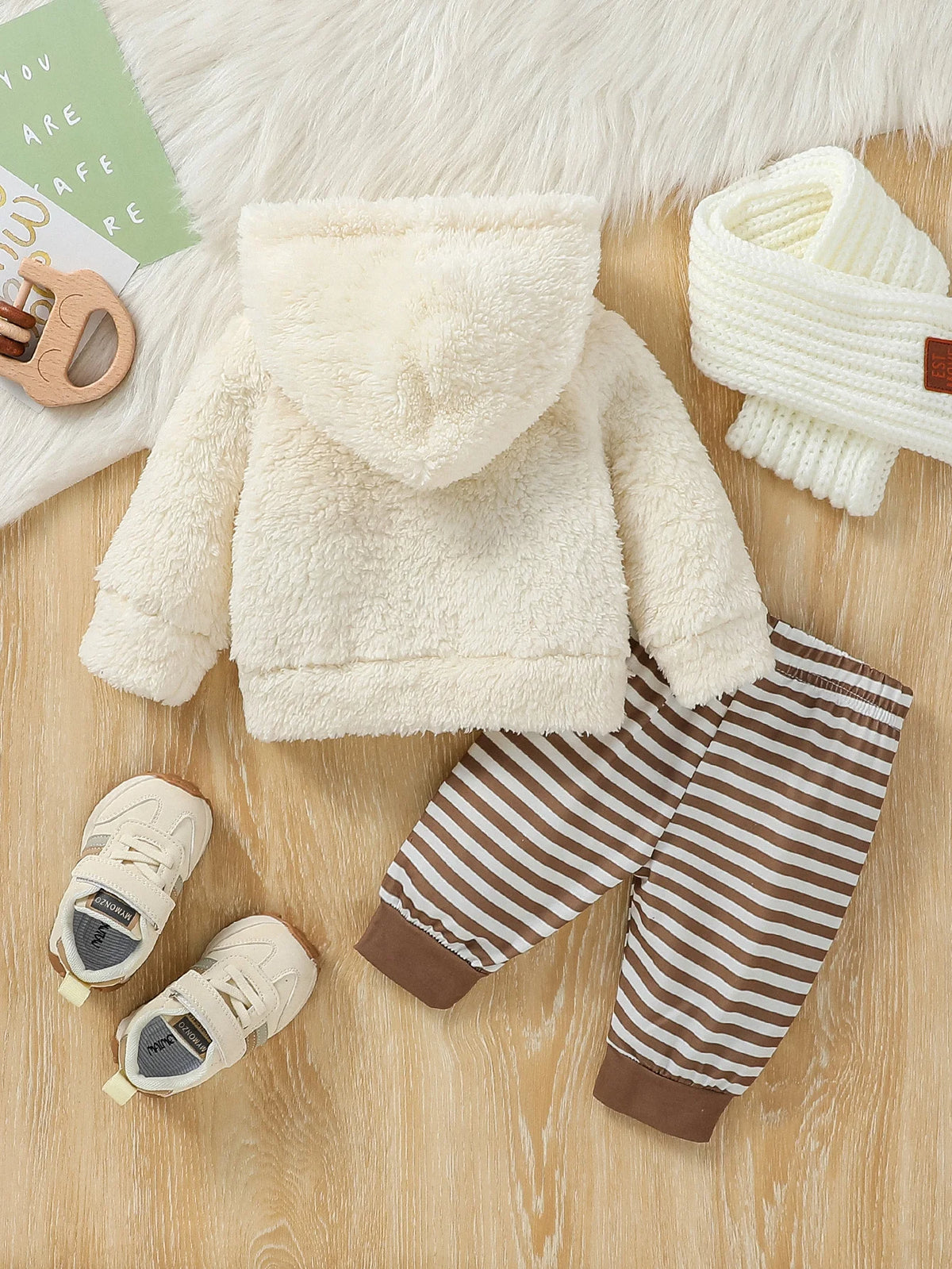 Baby Boys 2Pcs Newborn-6M Winter Long Sleeve Cartoon Bear Hooded Coat & Striped Trousers Pantsuit Daily Clothing