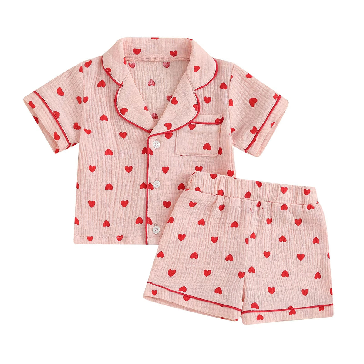 Summer Baby Girl Boy Pajama Set Cotton Linen Button down Clothes Short Sleeve Heart Print Tops Shorts Kids Loungewear Sleepwear