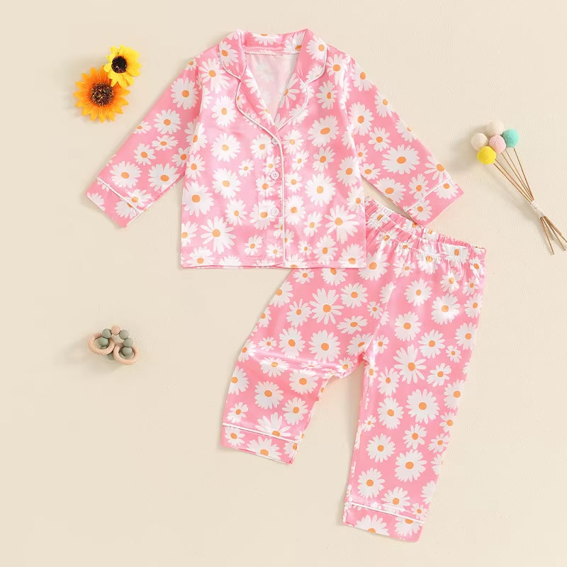 Children Girl Pajama Sets Kids Flower Print Lounge Outfits Daisy Print Long Sleeve Tops Pants Set Toddler Sleepwear