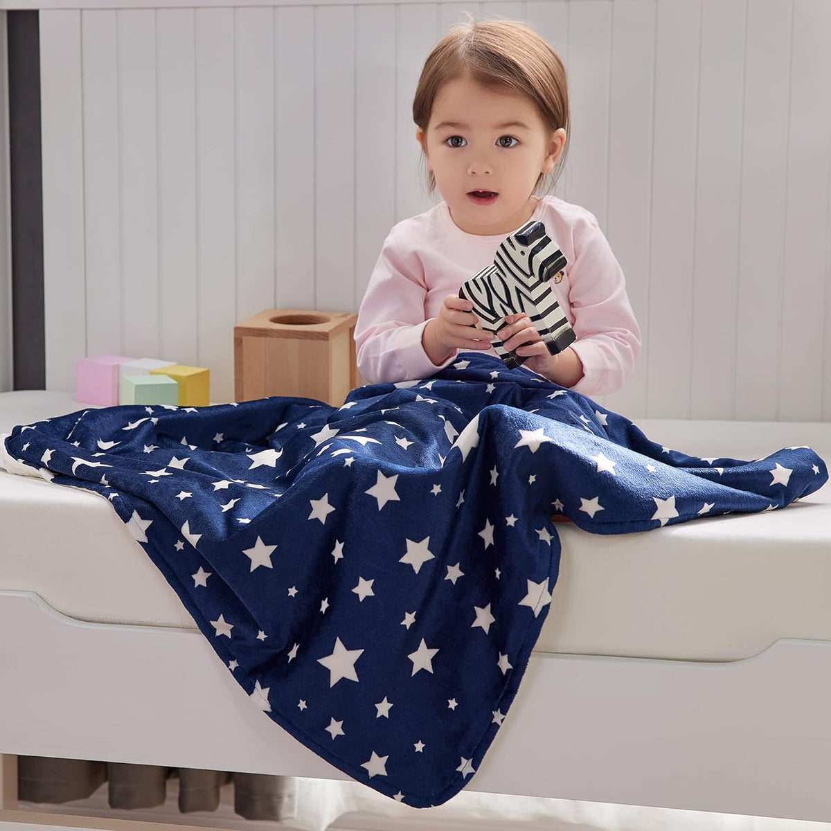 Silky Micro Soft Plush Baby Blankets Unisex with Print Star Pattern and Soothing Raised Dots, Double Layer Bed Throws for Baby Crib, Star, Navy, 30X40 Inches