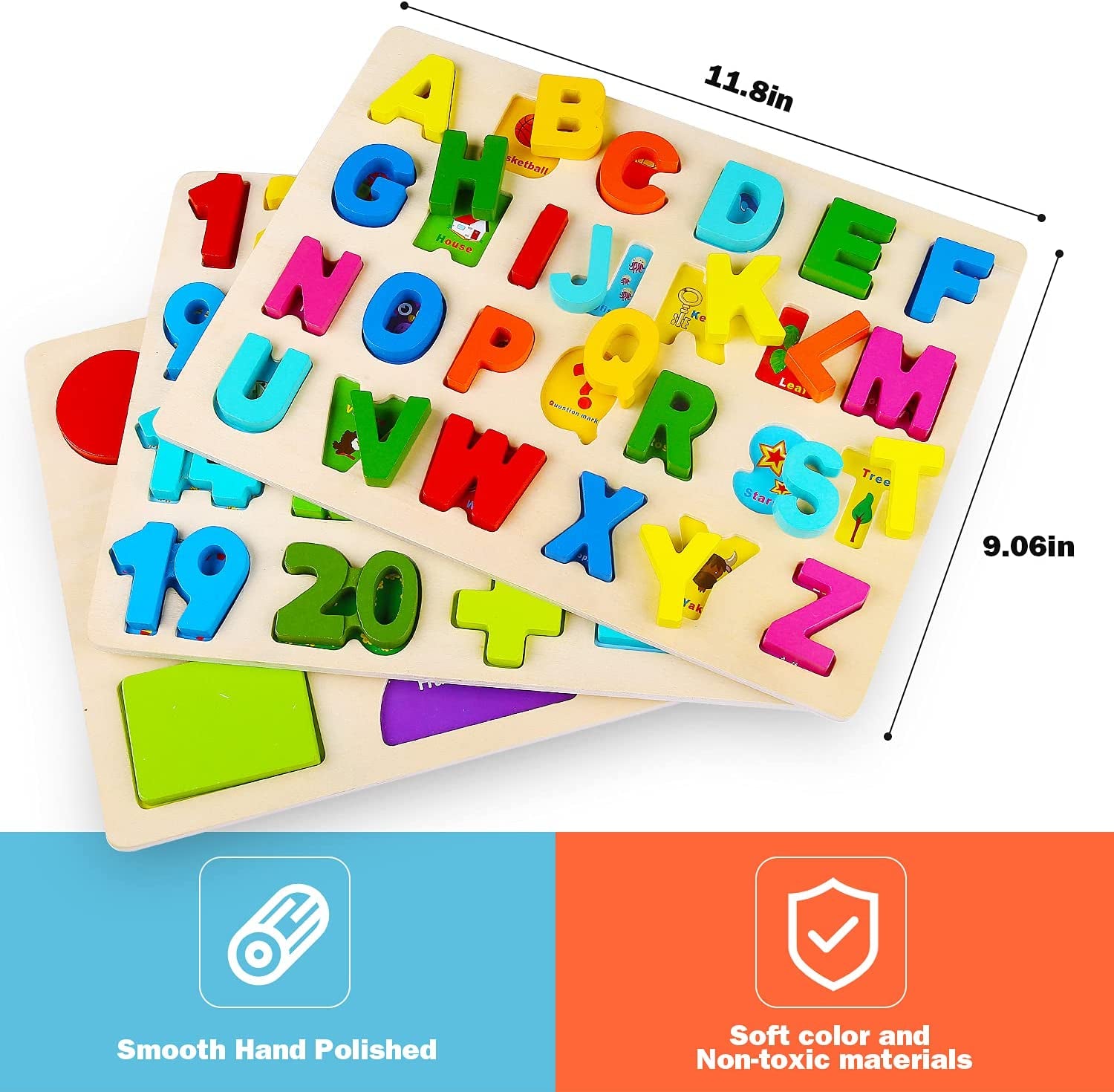 Wooden Puzzles for Toddlers,  Alphabet Number Shape Learning Puzzle for Kids Ages 3 4 5, Montessori Toys Preschool Education Chunky Jigsaw for Boys and Girls