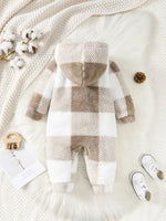 3-24 Months Baby Boys&Girls Romper Plaid Hooded Long Sleeved Plush Jumpsuit Winter Warm Bodysuit Clothes for Toddler Boy&Girl