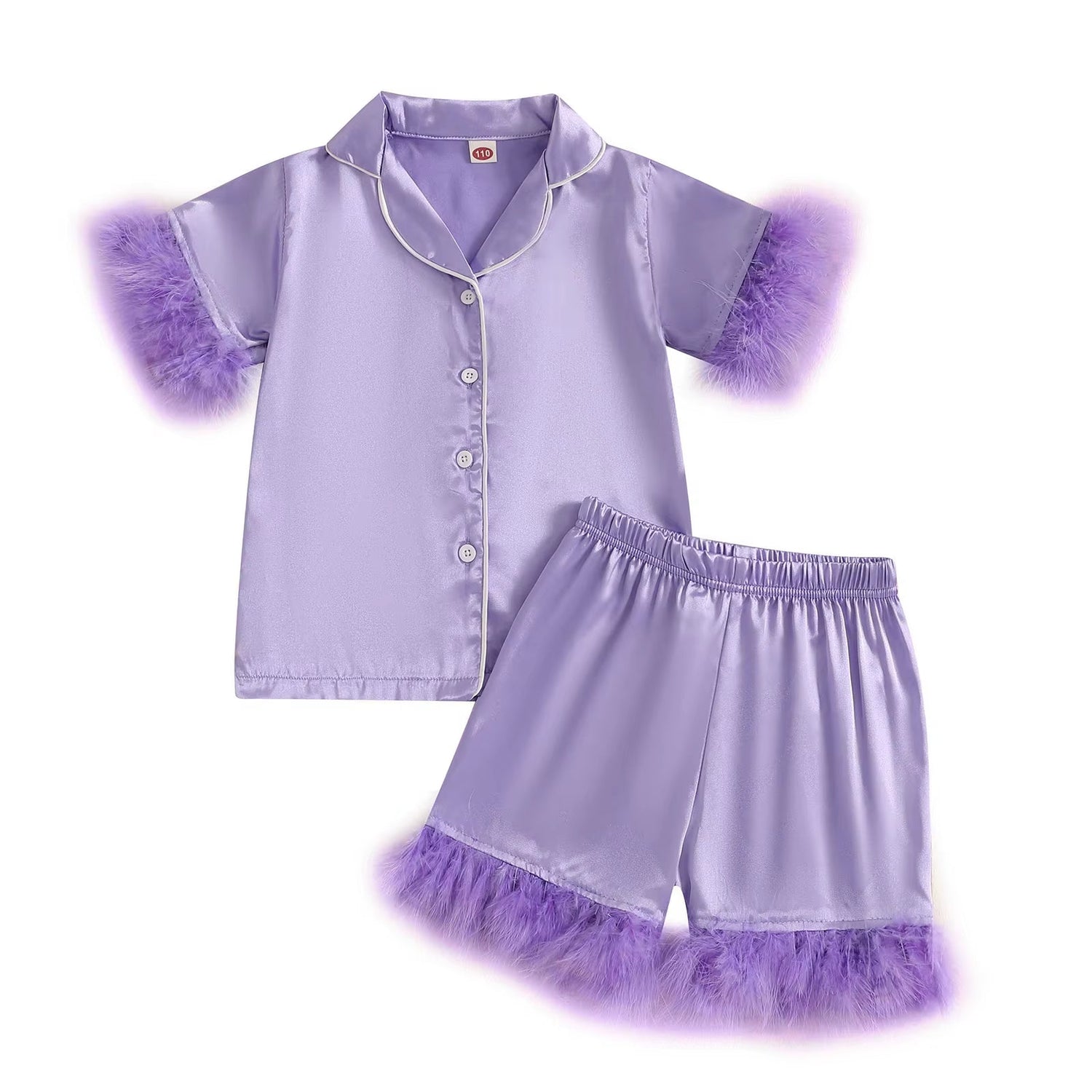 Summer Baby Girls Pajamas Set Sleepwear Satin Feather Patchwork Button up Short Sleeves Shirt with Shorts Loungewear