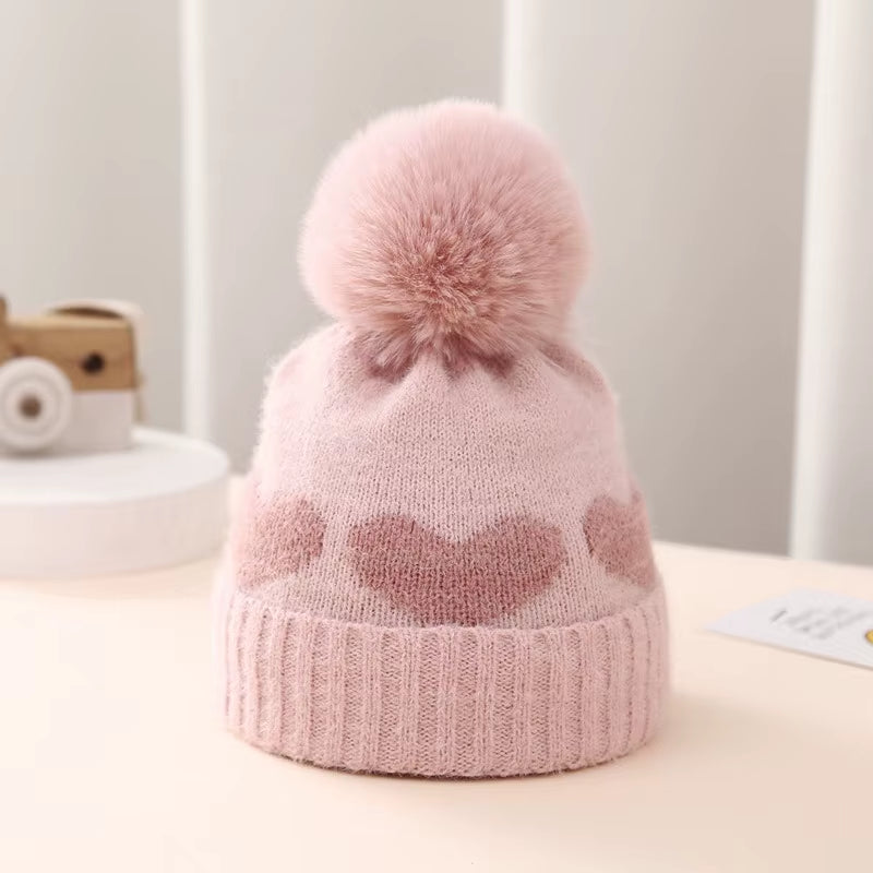 Winter Baby Knitted Hat Soft Pompom Newborn Beanie Cap Cute Love Heart Crochet Warm Infant Girls Hats Bonnet