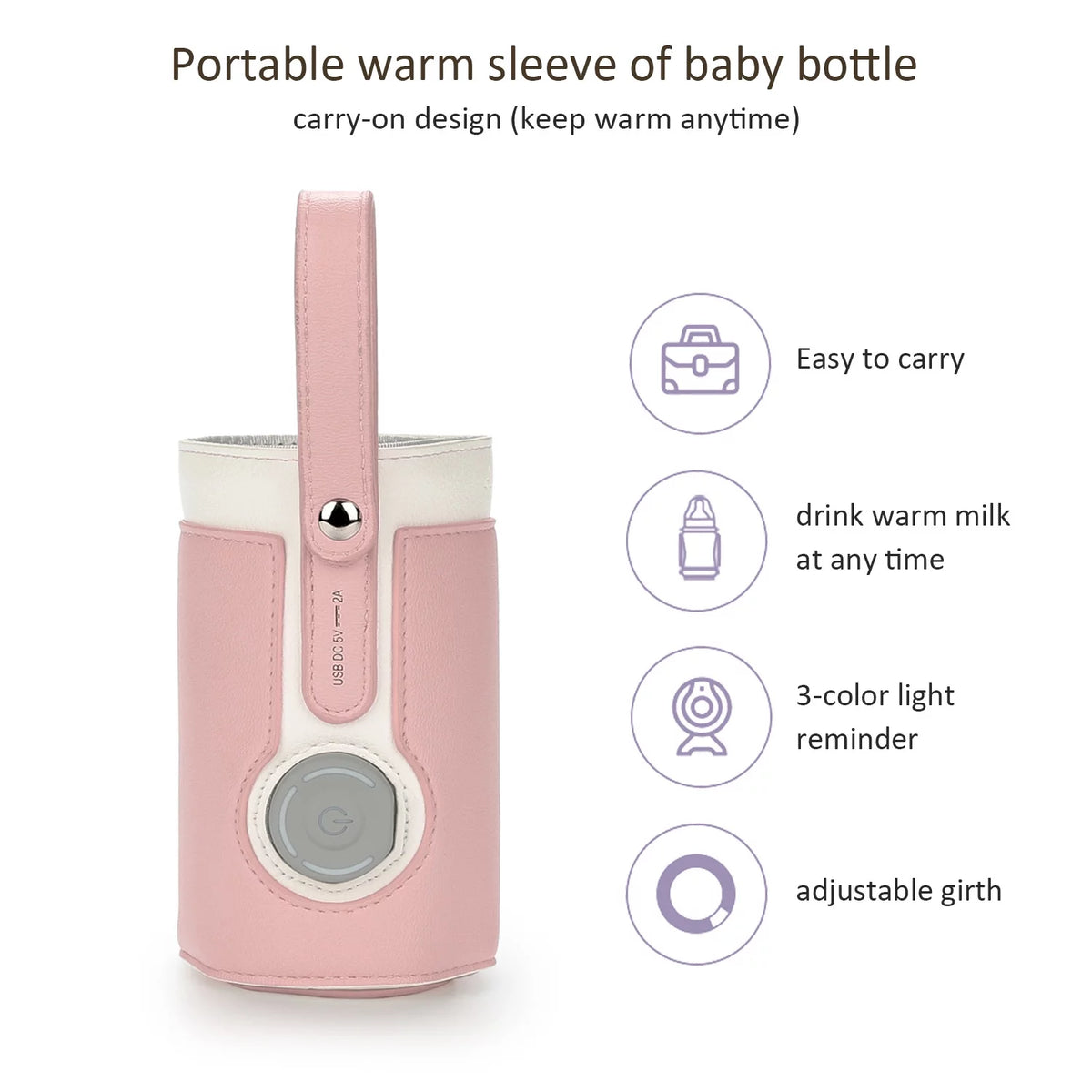 Portable Bottle Warmer, Intelligent Bottle Warmer, Fast Charge, 3-Speed Temperature Regulation, Pink