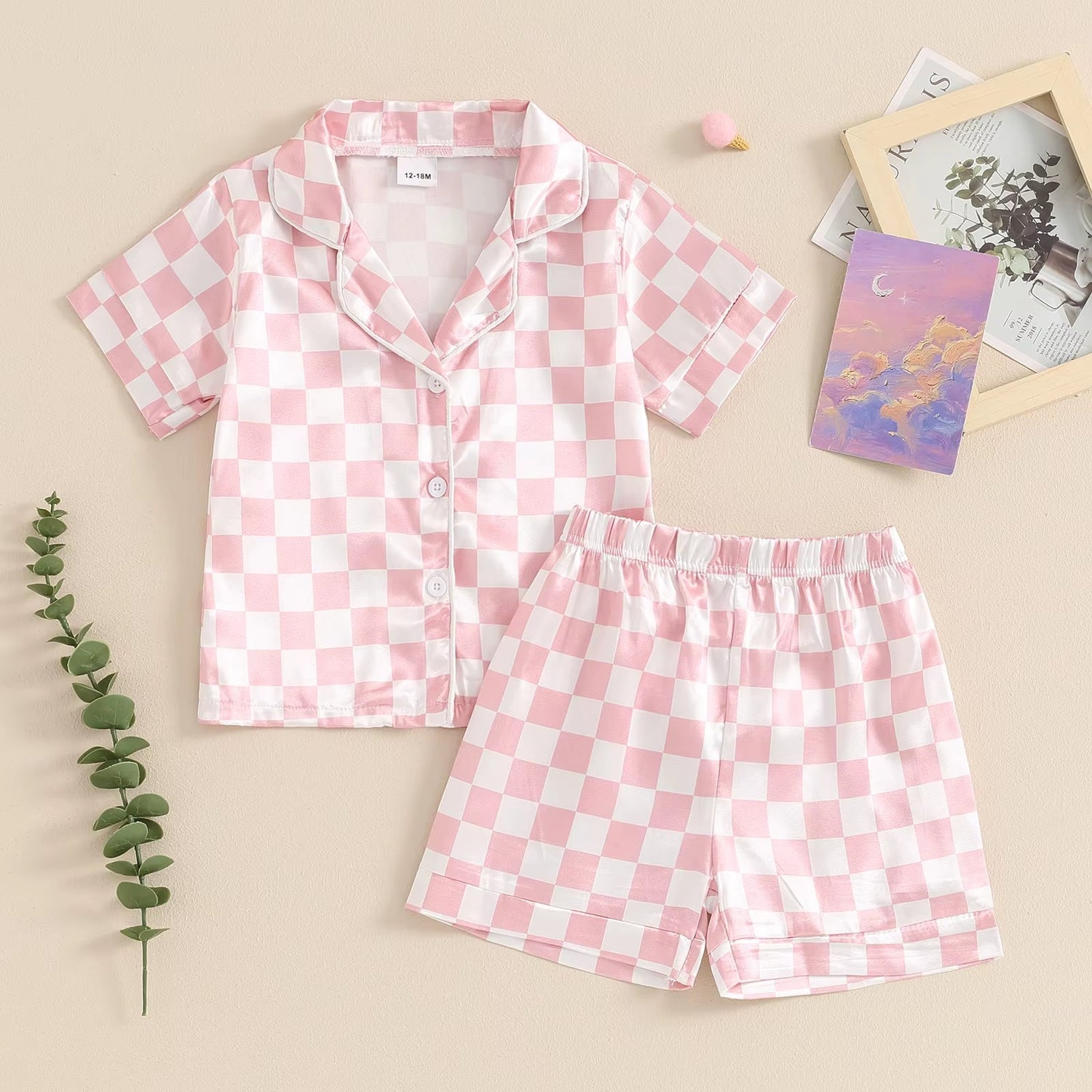 Fashion Children Boy Summer Pajama Sets Loungewear Silk Satin Short Sleeve Lapel Checkerboard Print Shirt Shorts Kid Sleepwear