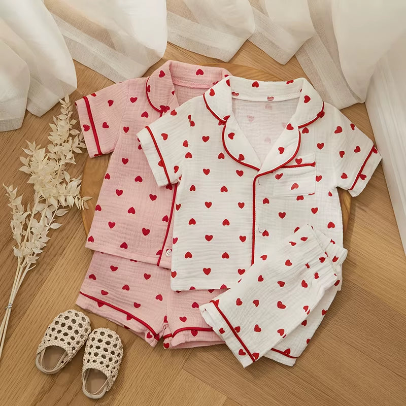 Summer Baby Girl Boy Pajama Set Cotton Linen Button down Clothes Short Sleeve Heart Print Tops Shorts Kids Loungewear Sleepwear