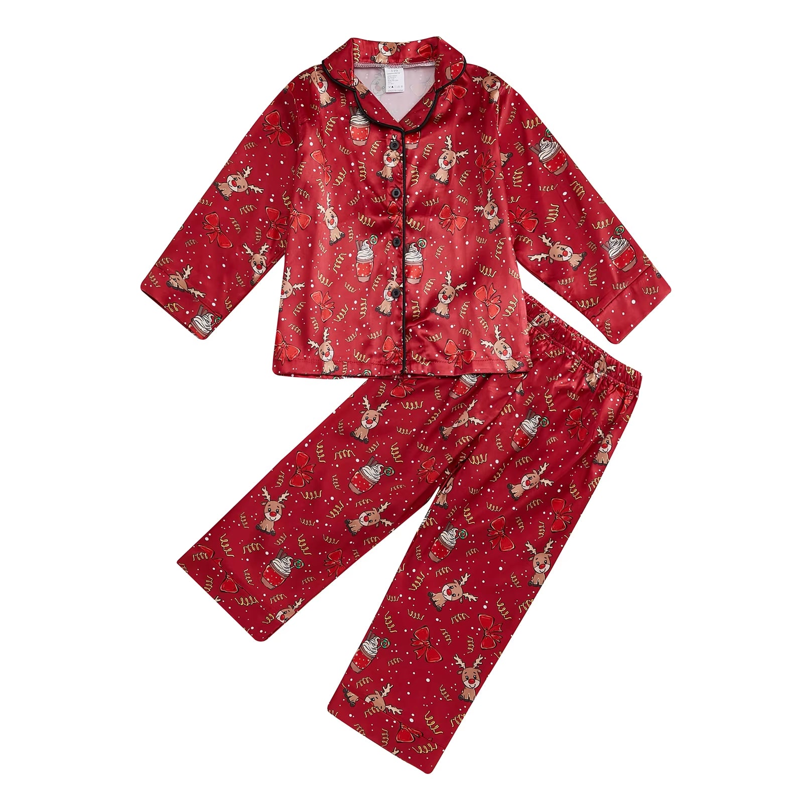 Slik Casual Kids Girls Nightwear Christmas Children Pajamas Set Long Sleeve Bowknot Button Shirt Pants Baby Sleepwear