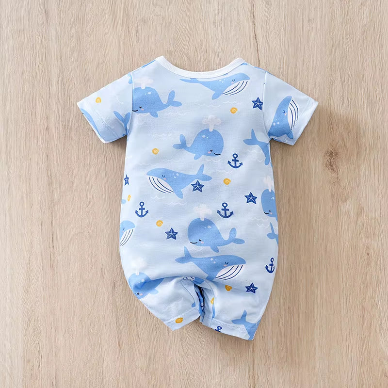 Newborn Baby Boys Jumpsuit Costume Romper Onesies Short Sleeve Print Clothes Summer round Neck Outdoor Sport Toddler 0-18 Months