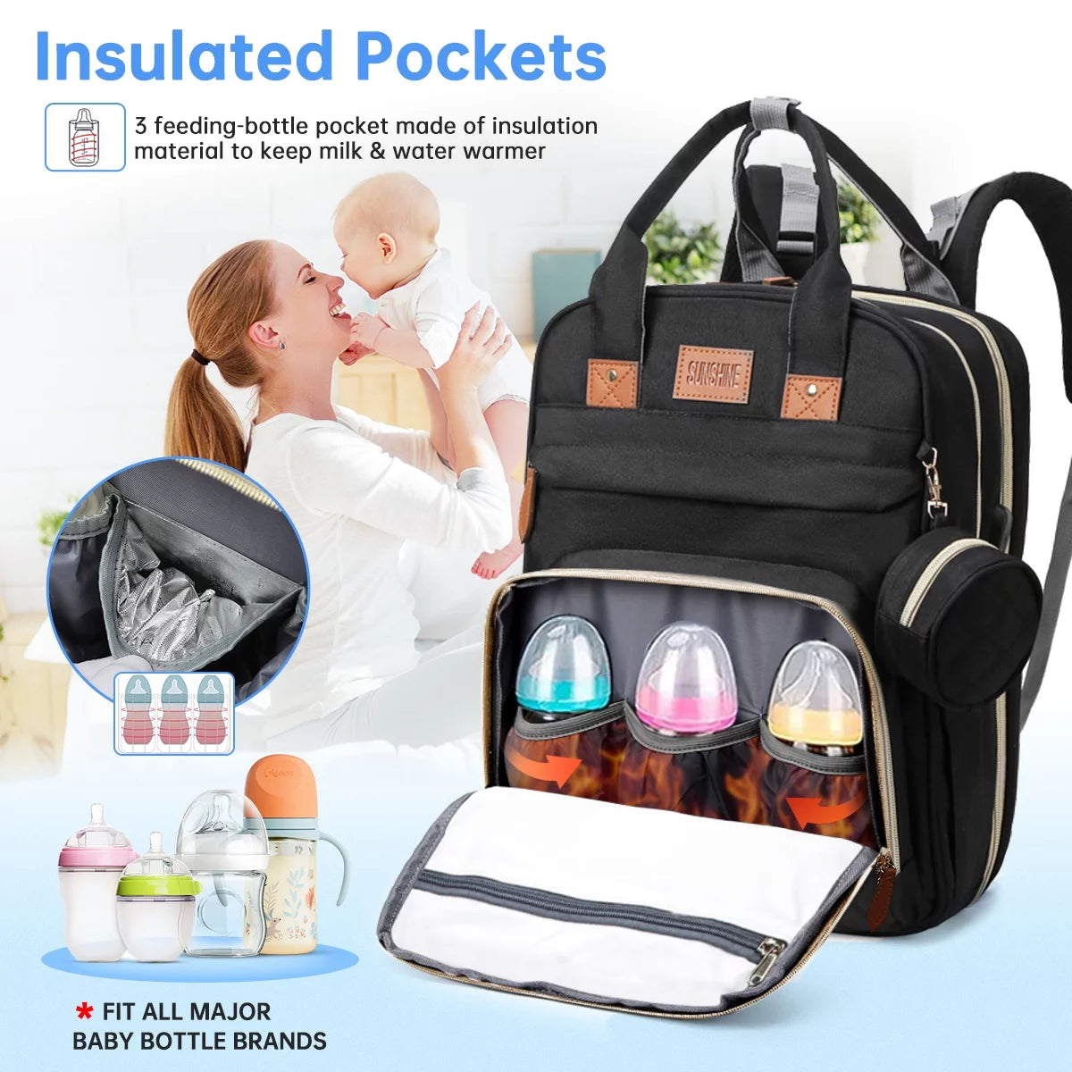 Diaper Bag Backpack, Multifunction Baby Bag with Changing Station, Large Capacity Diaper Bags W/ Foldable Crib & Insulated Pocket, Portable Waterproof Backpack, USB Charging Port&Stroller Straps,Black