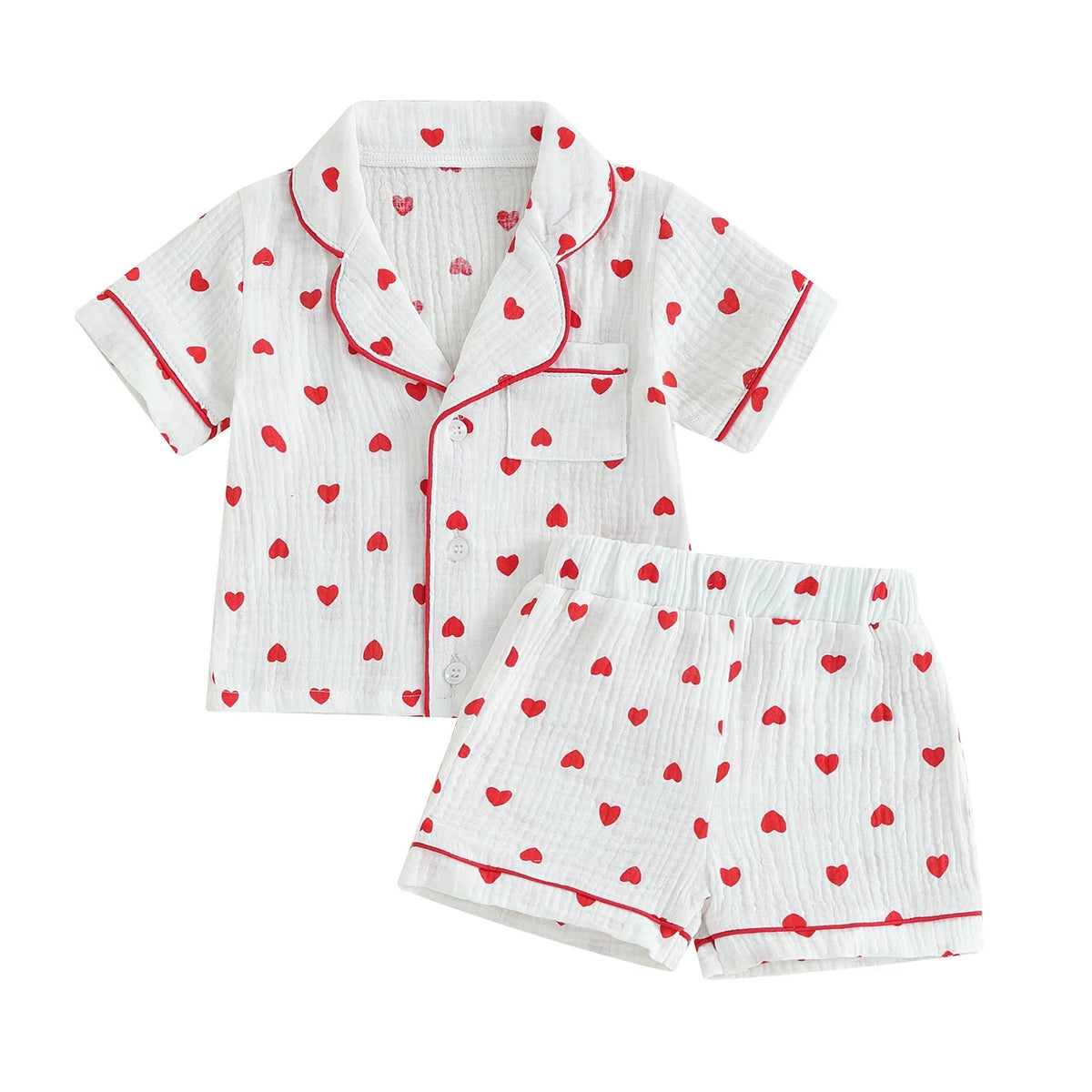 Summer Baby Girl Boy Pajama Set Cotton Linen Button down Clothes Short Sleeve Heart Print Tops Shorts Kids Loungewear Sleepwear