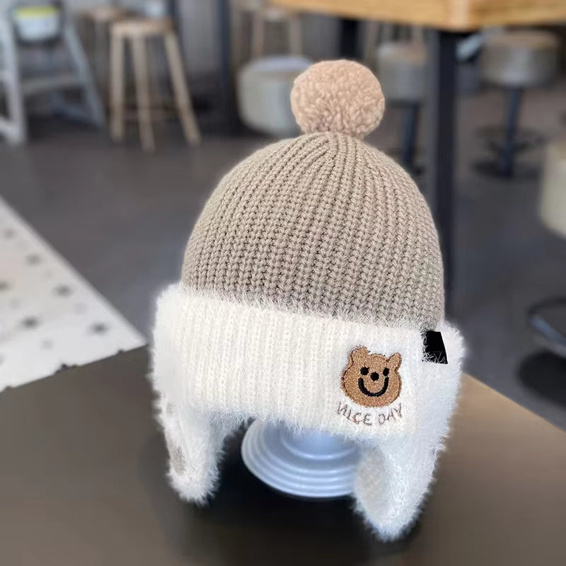 Winter Baby Bear Hat Children Plush Earmuffs Cap Kids Warm Knitted Hat Beanie Pompom Ball Toddler Ear Protection Caps 1-6Year