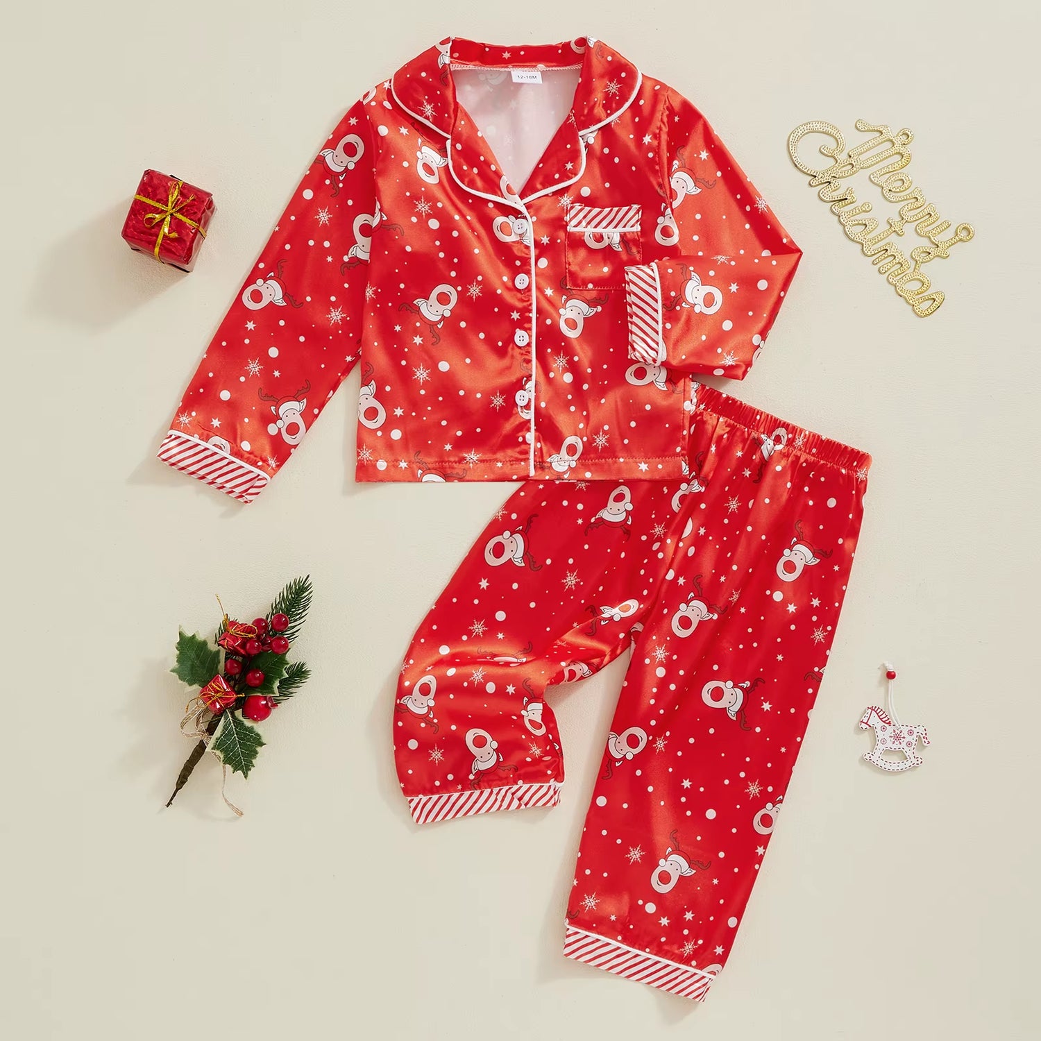 Satin Long Sleeve Kids Girls Sleepwear Robe Christmas Children Pajamas Set Winter Lapel Top with Pants Infant Clothes