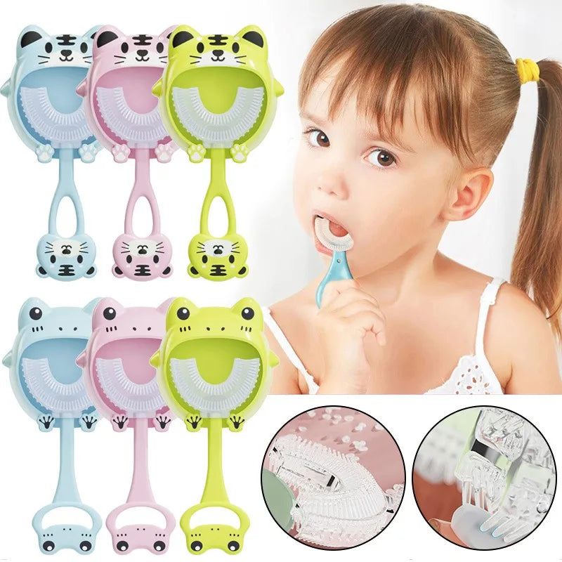 U-Shape Kids Toothbrush Cartoon Frog Print Toothbrush with Holder Children'S Toothbrush Silicone Cleaning Toothbrush 2-12Years