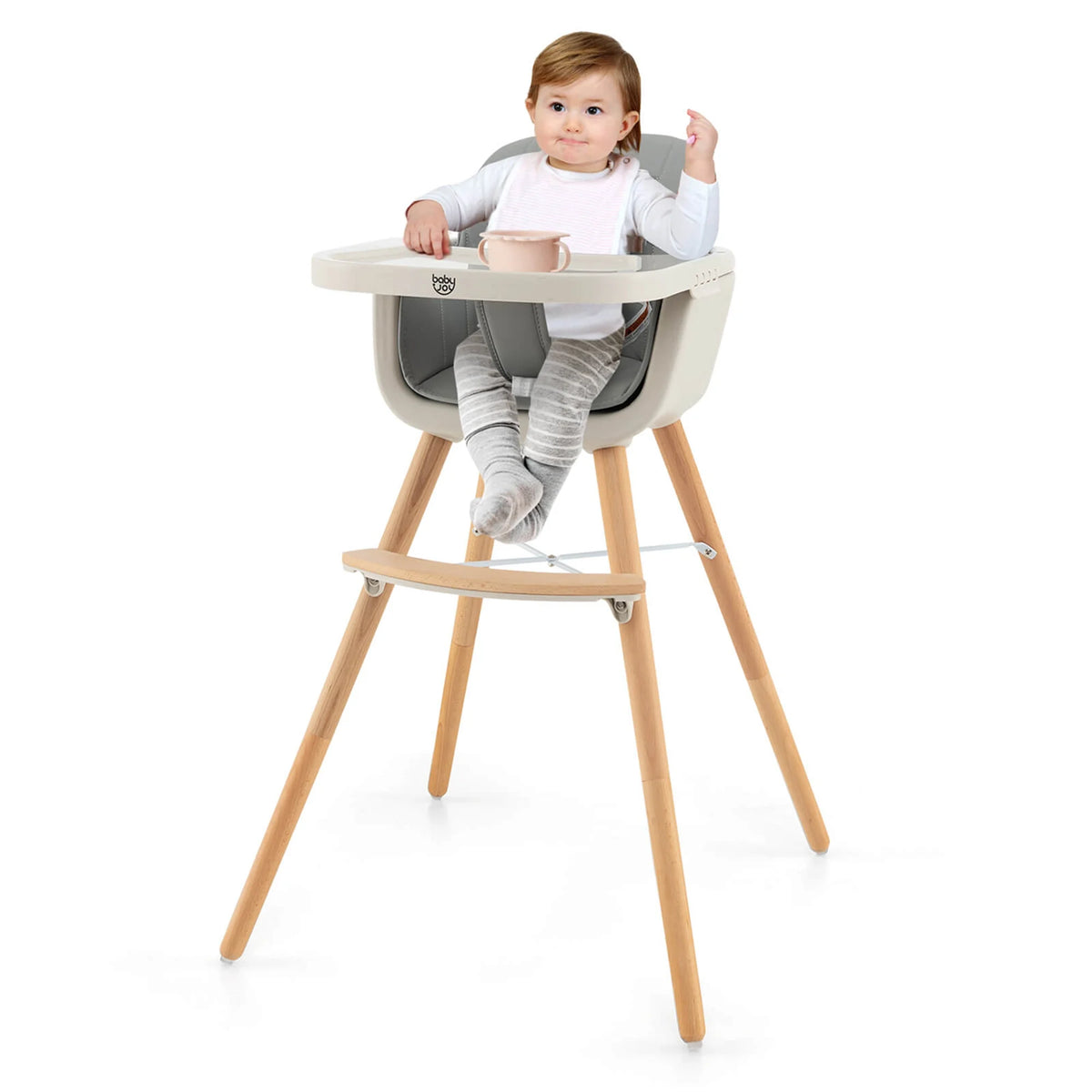 Babyjoy 3 in 1 Convertible Wooden High Chair Toddler Feeding Chair with Cushion Grey