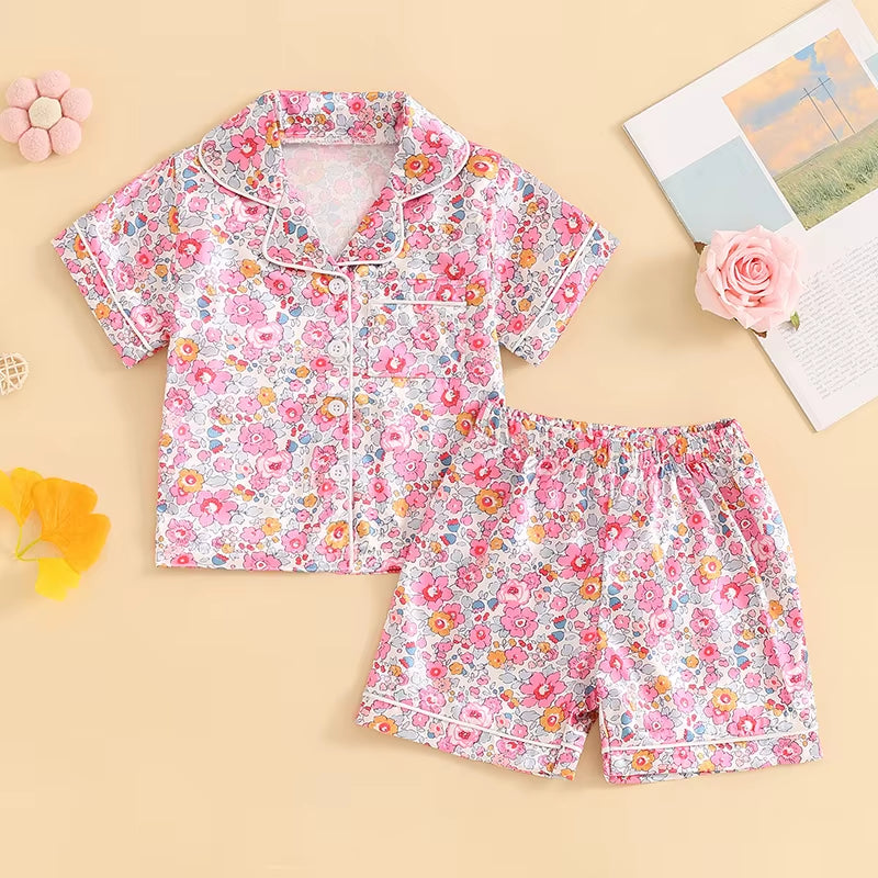 Summer Kids Girls Pajamas Sets Satin Slik Floral Print Short Sleeves Button Shirt Elastic Shorts Sleepwear Loungewear