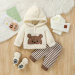 Baby Boys 2Pcs Newborn-6M Winter Long Sleeve Cartoon Bear Hooded Coat & Striped Trousers Pantsuit Daily Clothing