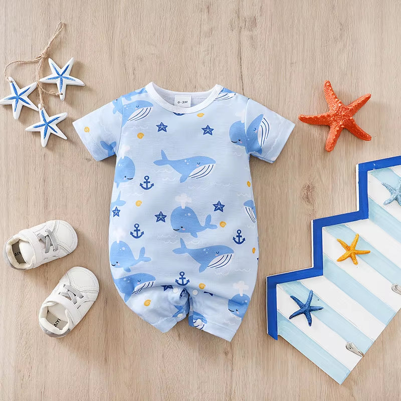 Newborn Baby Boys Jumpsuit Costume Romper Onesies Short Sleeve Print Clothes Summer round Neck Outdoor Sport Toddler 0-18 Months