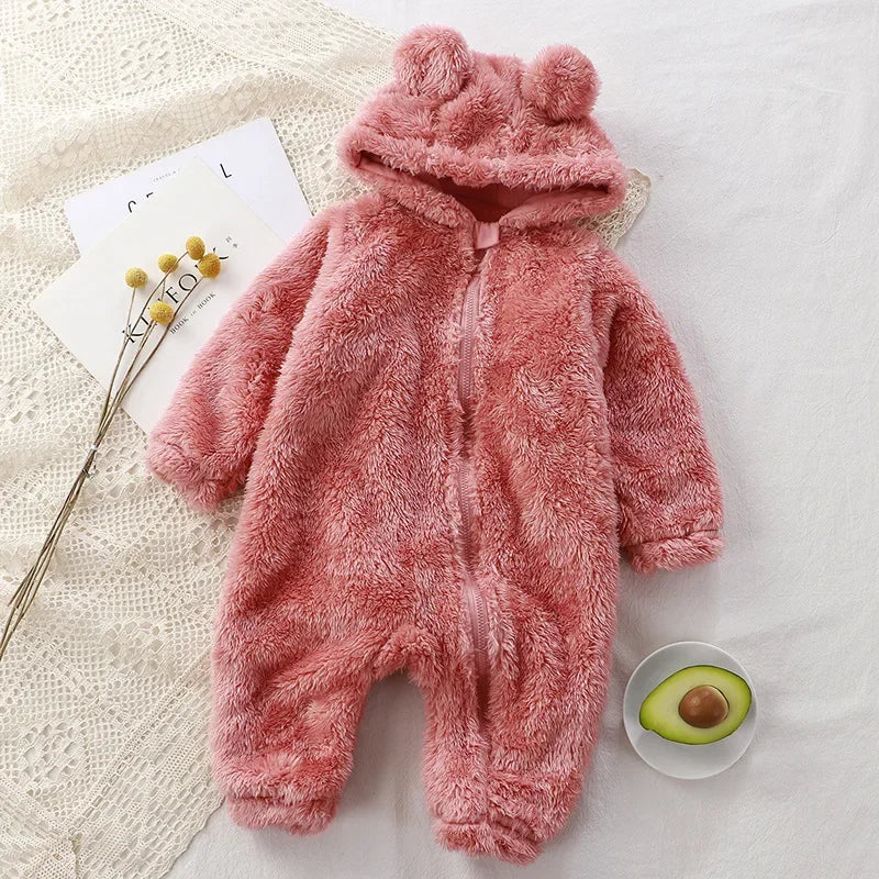 Thick Warm Baby Rompers Cute Winter Infant Jumpsuits Hooded Coral Fleece Bear Shape Newborn Soft Pajamas Overalls Clothing