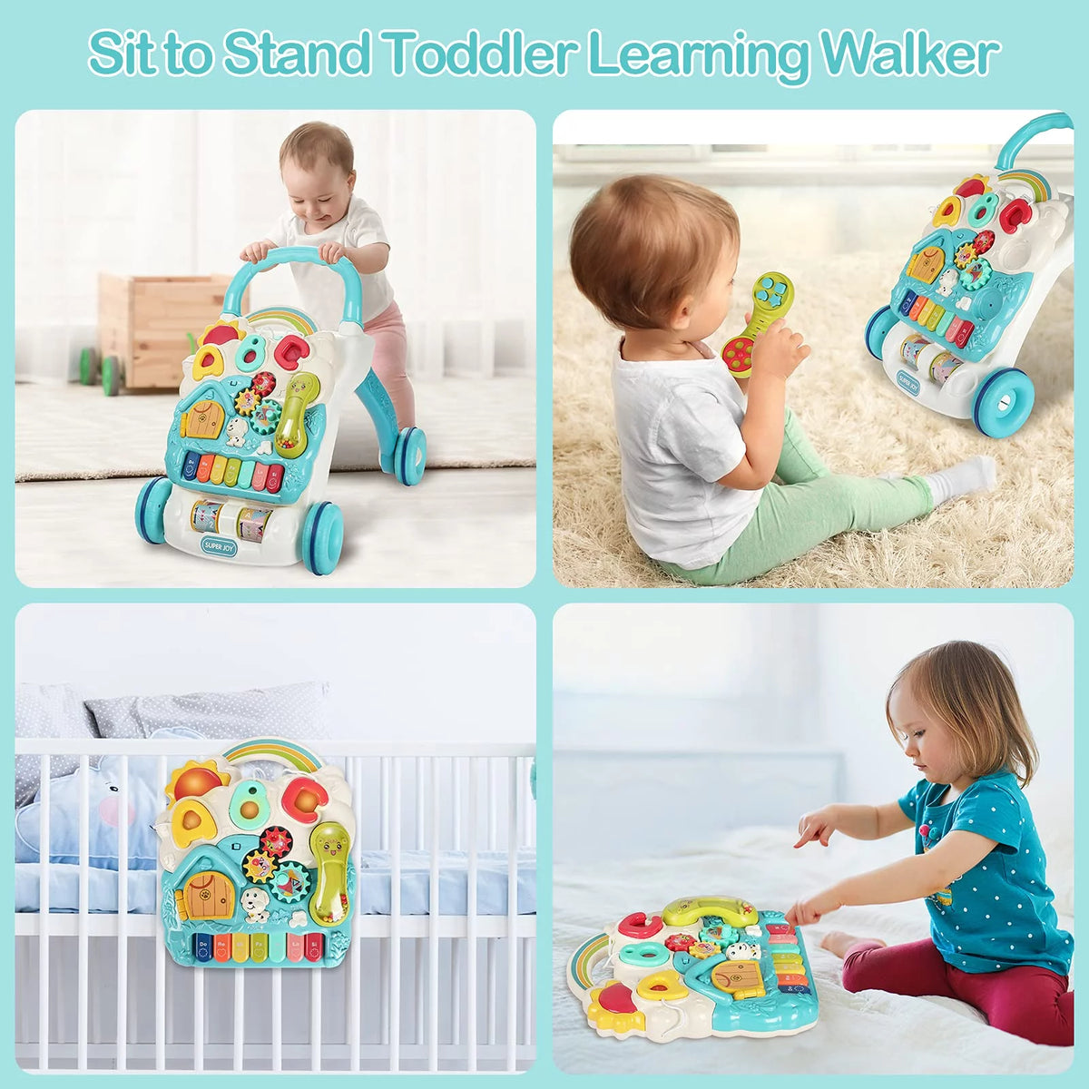 Sit to Stand Learning Walker, 3 in 1 Baby Learning Walkers & Removable Play Panel,Early Education Activity Center with Lights, Music Learning Toys Birthday Gift for Baby Boys Girls