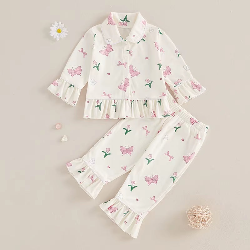 New Spring Girls Pyjamas 2Pcs Kids Pajama Set Sweet Sleepwear Strawberry Long Sleeve Tops Pants Toddler Loungewear