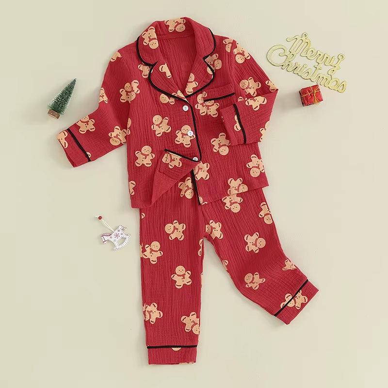 Kids Children Girls Pajamas Set Sleepwear Christmas Cartoon Print Lapel Collar Shirt + Elastic Waist Pants Set Toddler Loungwear