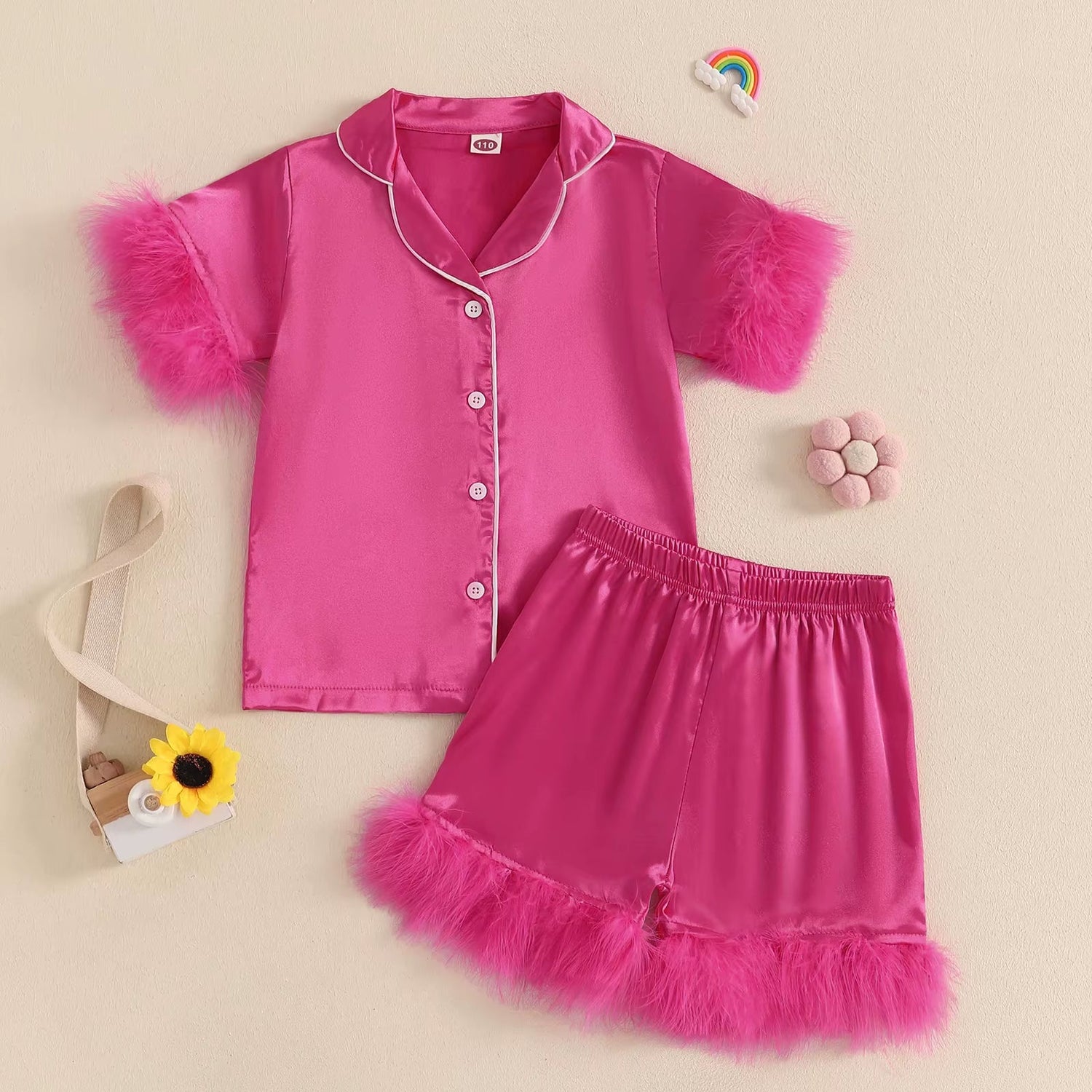 Summer Baby Girls Pajamas Set Sleepwear Satin Feather Patchwork Button up Short Sleeves Shirt with Shorts Loungewear