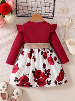 1-7 Years Children Girls New Year Dress Red Long Sleeved Flower Skirt for Birthday Wedding Party Wear Fashion Autumn Outfits