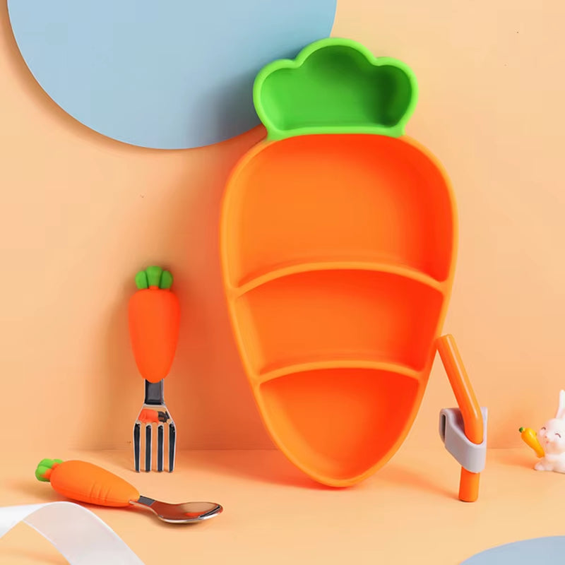 Children Carrot Silicone Tableware Feedingbaby Dinner Bowl Cartoon Plate Training Spoon Fork Infant Toddler Self Feeding Tool