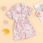 Summer Kids Girls Pajamas Sets Satin Slik Floral Print Short Sleeves Button Shirt Elastic Shorts Sleepwear Loungewear