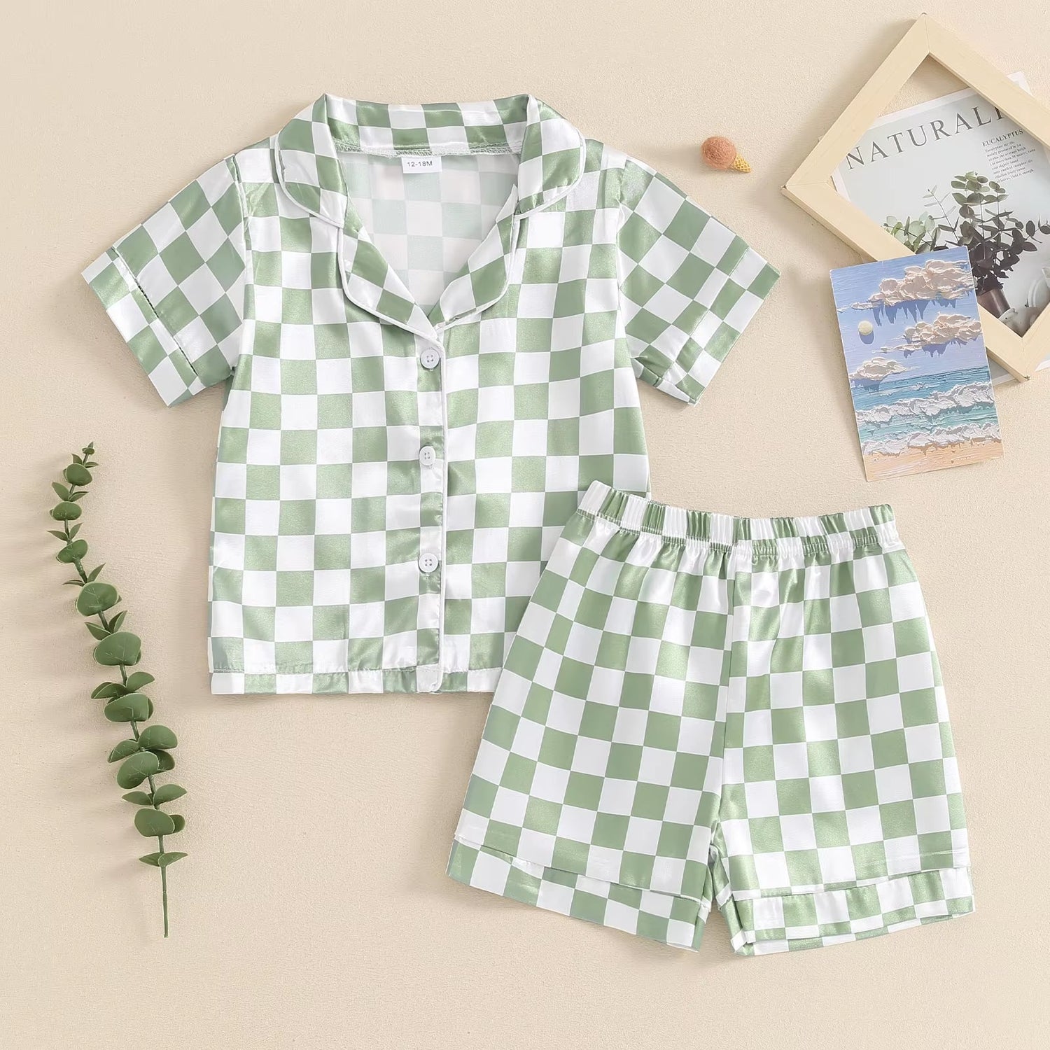 Fashion Children Boy Summer Pajama Sets Loungewear Silk Satin Short Sleeve Lapel Checkerboard Print Shirt Shorts Kid Sleepwear