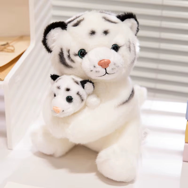 Simulation Mother&Kid Tiger Plush Toys Soft Wild Animal White Brown Tiger Hand Puppet Doll Cartoon Backpack for Children Kids